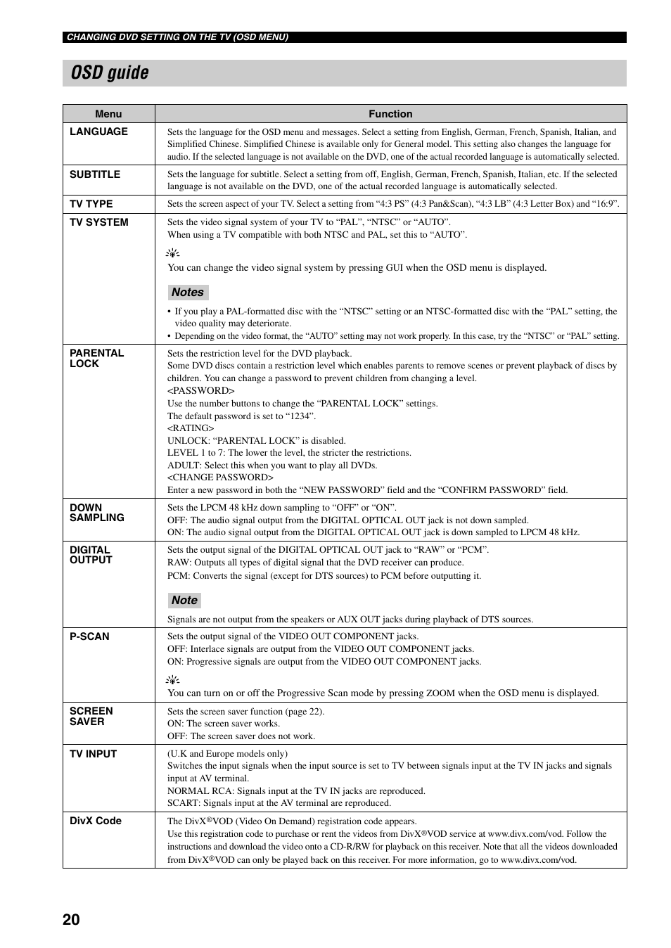 Osd guide | Yamaha RDX-E700 User Manual | Page 22 / 57