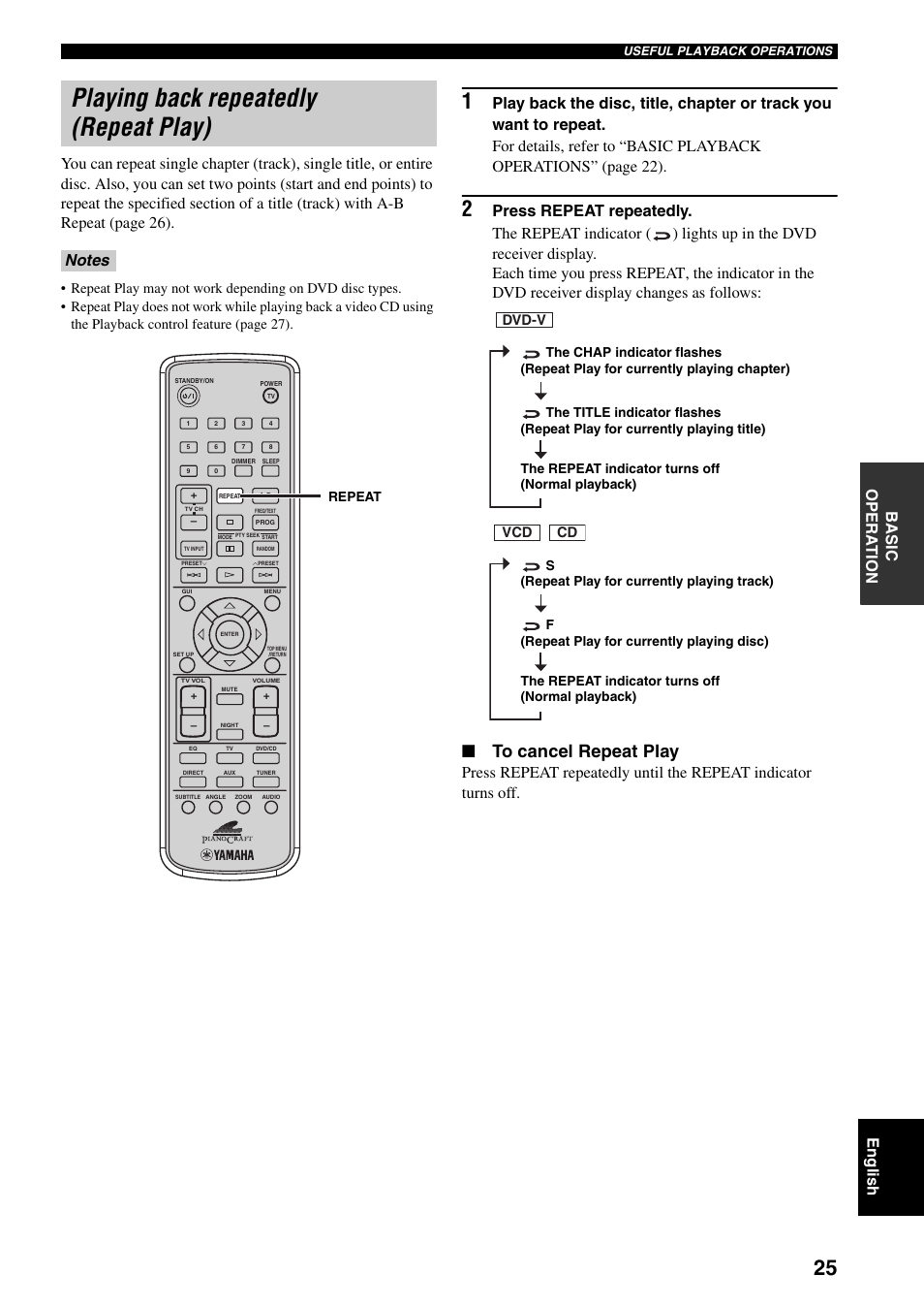 Playing back repeatedly (repeat play), Dvd-v, Vcd cd | Yamaha RDX-E700 User Manual | Page 27 / 57