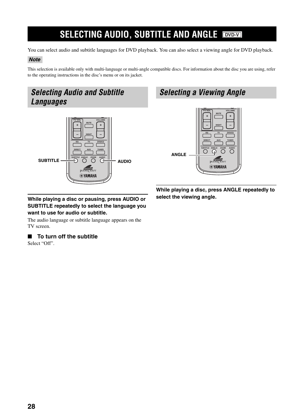 Selecting audio, subtitle and angle, Selecting audio and subtitle languages, Selecting a viewing angle | Dvd-v | Yamaha RDX-E700 User Manual | Page 30 / 57