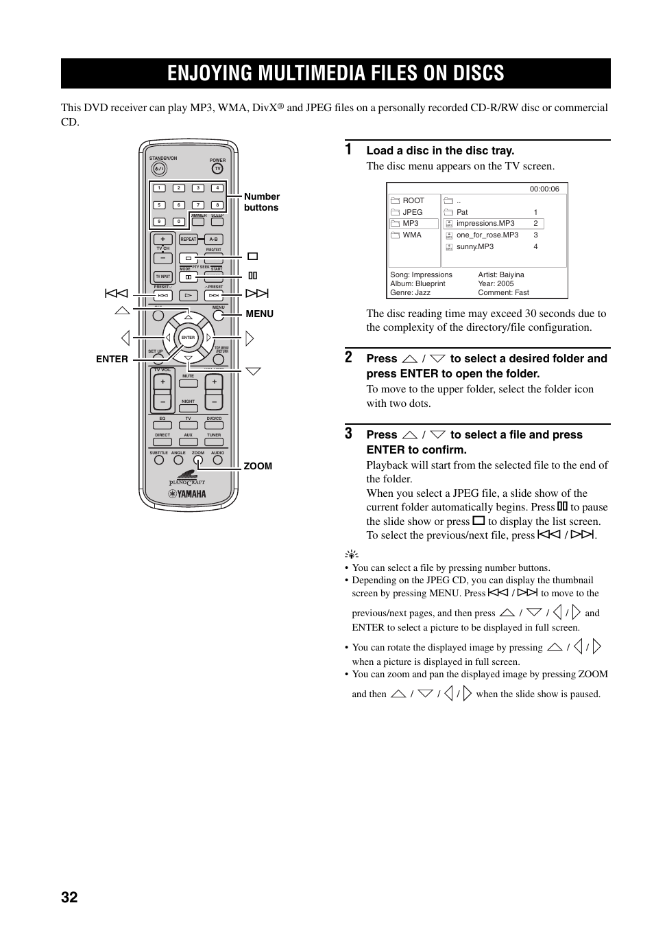 Enjoying multimedia files on discs, This dvd receiver can play mp3, wma, divx | Yamaha RDX-E700 User Manual | Page 34 / 57