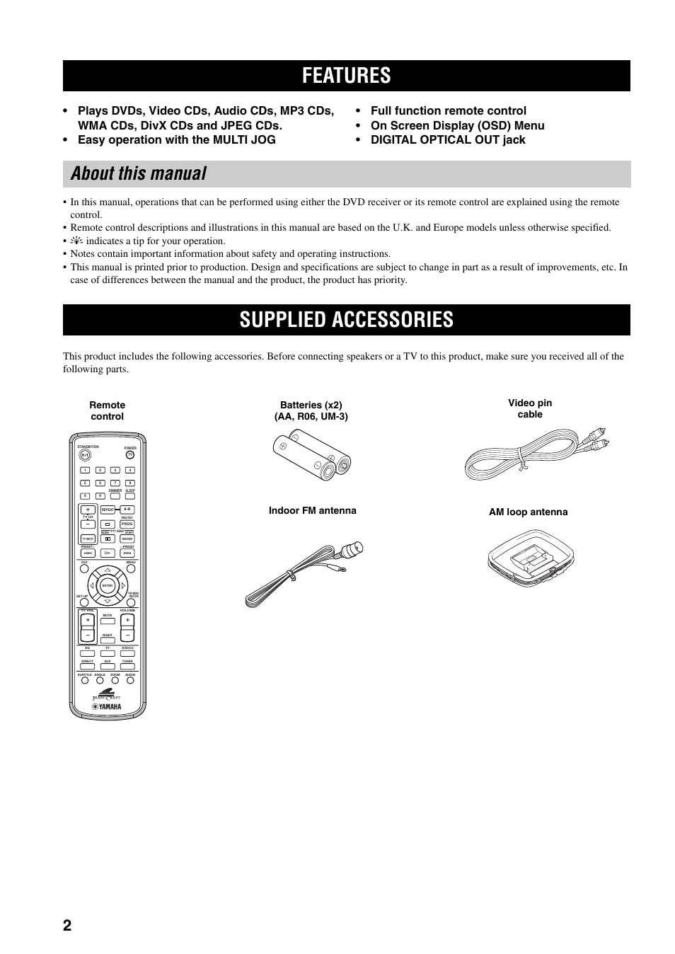 Supplied accessories, About this manual, Features | Yamaha RDX-E700 User Manual | Page 4 / 57