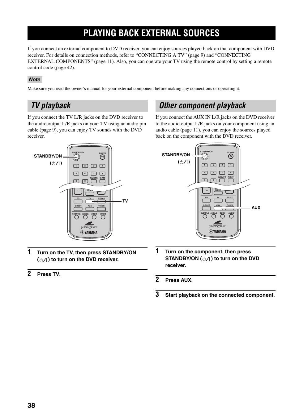 Playing back external sources, Tv playback, Other component playback | Press aux, Start playback on the connected component | Yamaha RDX-E700 User Manual | Page 40 / 57