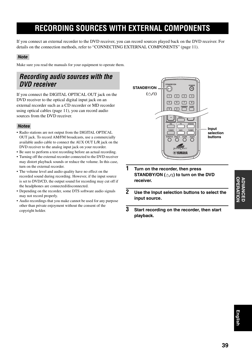 Recording sources with external components, Recording audio sources with the dvd receiver | Yamaha RDX-E700 User Manual | Page 41 / 57