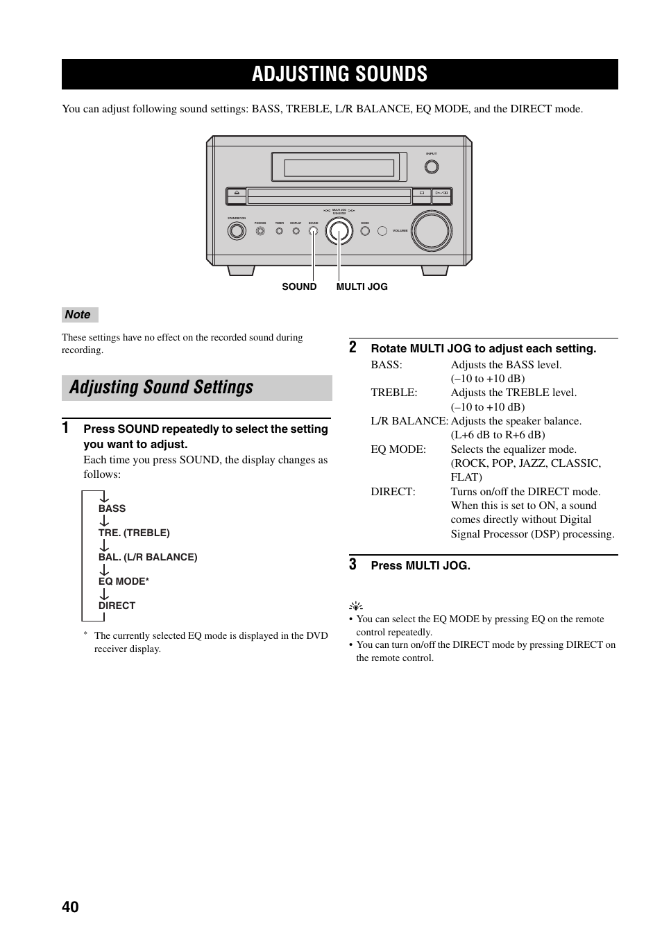 Adjusting sounds, Adjusting sound settings | Yamaha RDX-E700 User Manual | Page 42 / 57