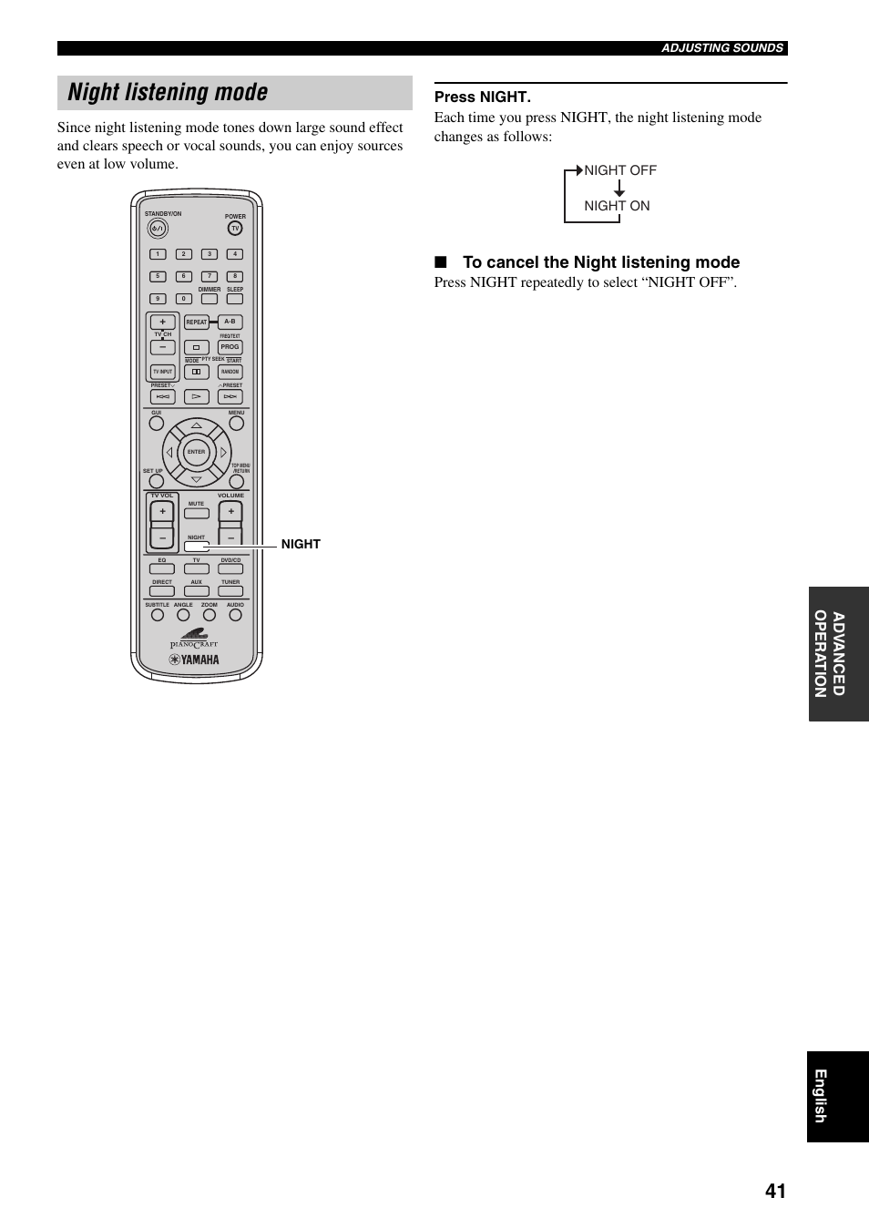 Night listening mode, Press night repeatedly to select “night off, Night off night on | Night | Yamaha RDX-E700 User Manual | Page 43 / 57