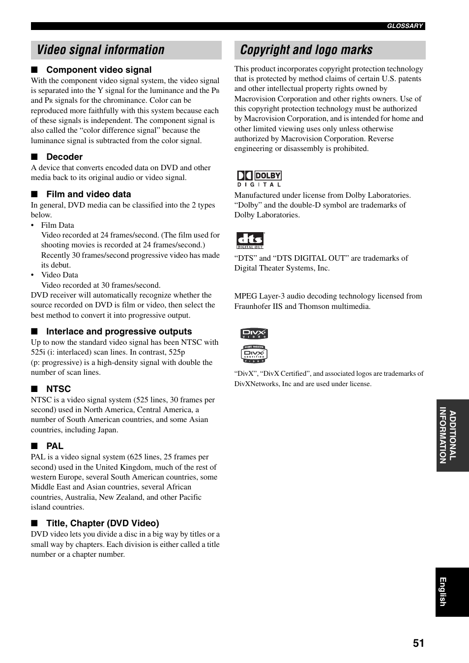 Video signal information copyright and logo marks | Yamaha RDX-E700 User Manual | Page 53 / 57