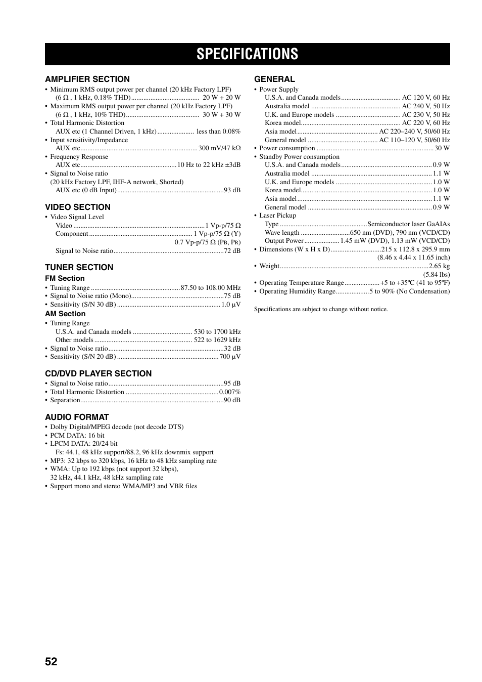 Specifications | Yamaha RDX-E700 User Manual | Page 54 / 57