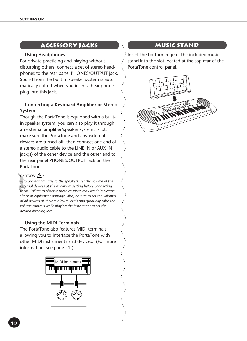 Accessory jacks, Music stand, Accessory jacks music stand | Yamaha PORTATONE PSR-140 User Manual | Page 10 / 52