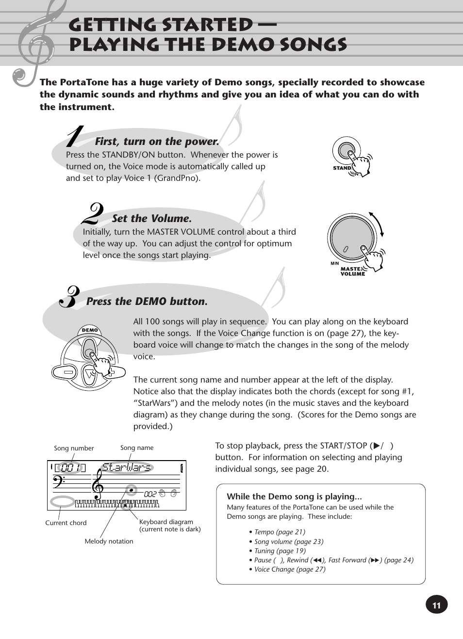 Getting started - playing the demo songs, Getting started — playing the demo songs, First, turn on the power | Set the volume, Press the demo button, Starwars | Yamaha PORTATONE PSR-140 User Manual | Page 11 / 52