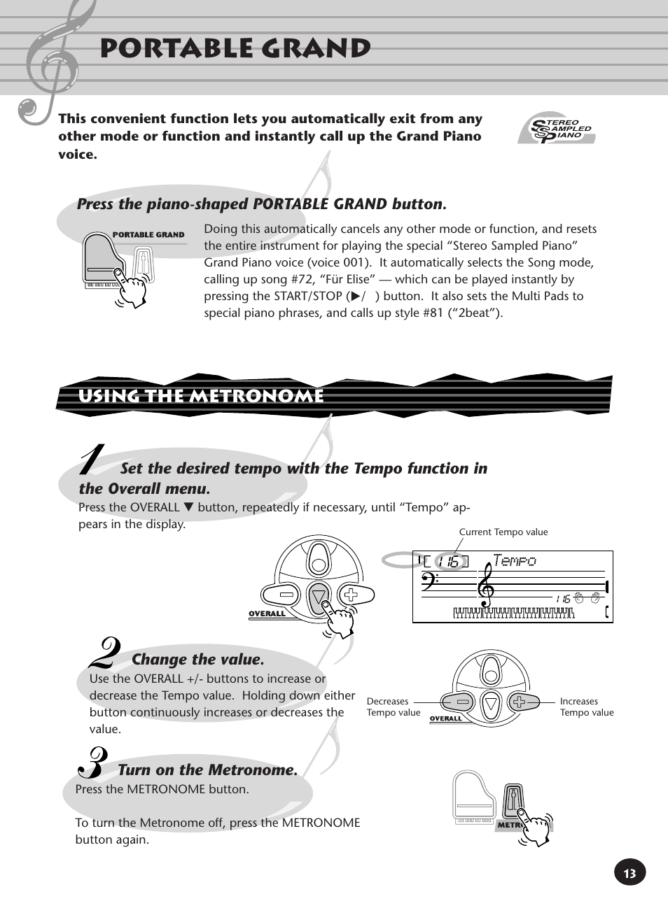 Portable grand, Using the metronome, Change the value | Press the piano-shaped portable grand button, Turn on the metronome, Tempo | Yamaha PORTATONE PSR-140 User Manual | Page 13 / 52