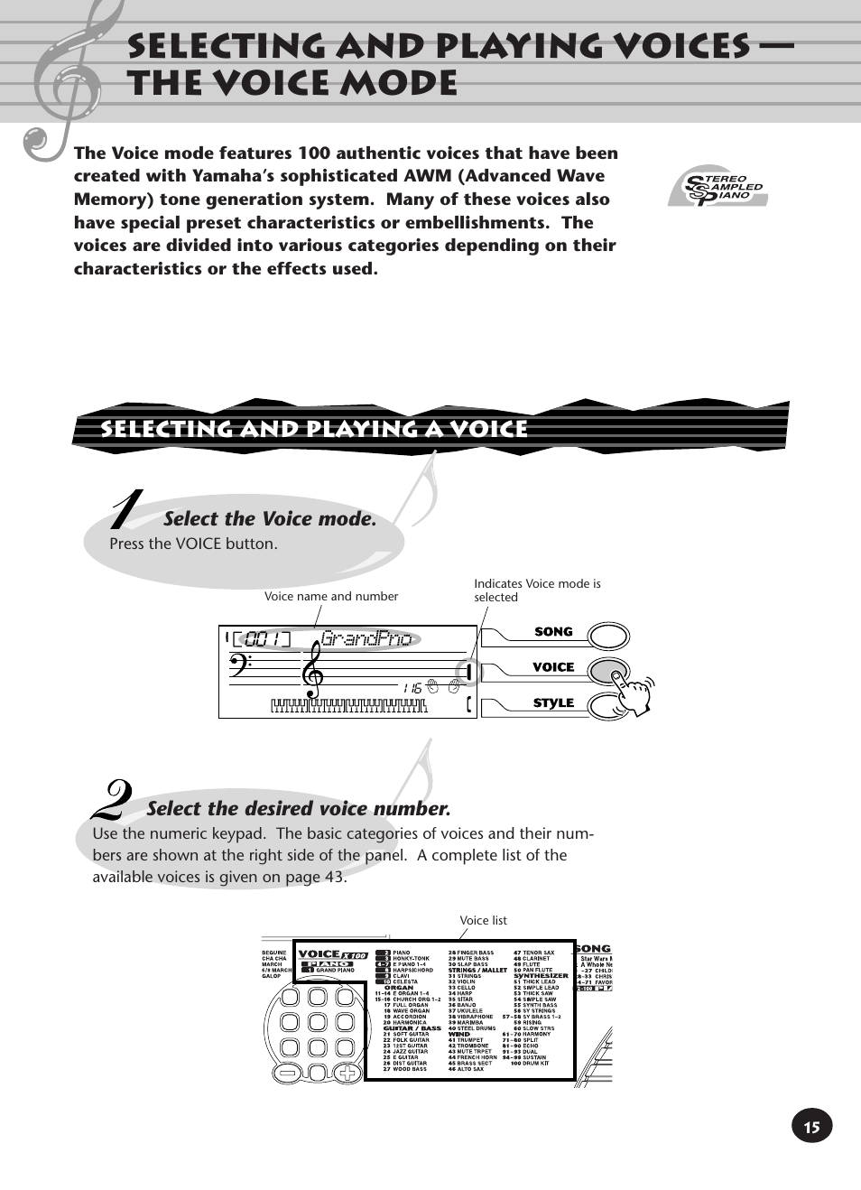 Selecting and playing voices - the voice mode, Selecting and playing a voice, Selecting and playing voices — the voice mode | Select the voice mode, Grandpno, Select the desired voice number | Yamaha PORTATONE PSR-140 User Manual | Page 15 / 52