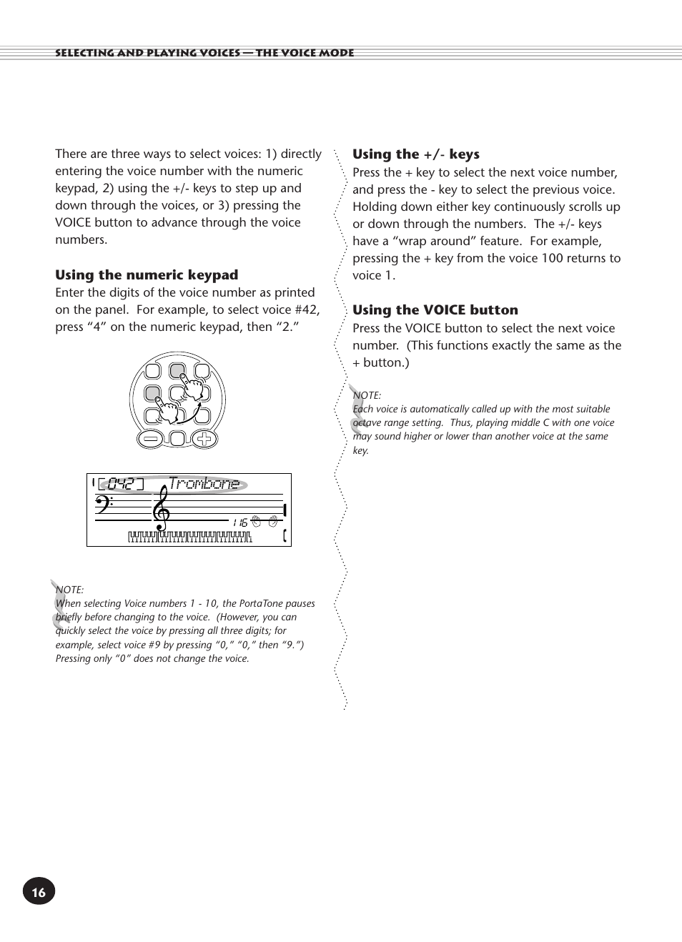 Trombone, Using the numeric keypad, Using the +/- keys | Using the voice button | Yamaha PORTATONE PSR-140 User Manual | Page 16 / 52