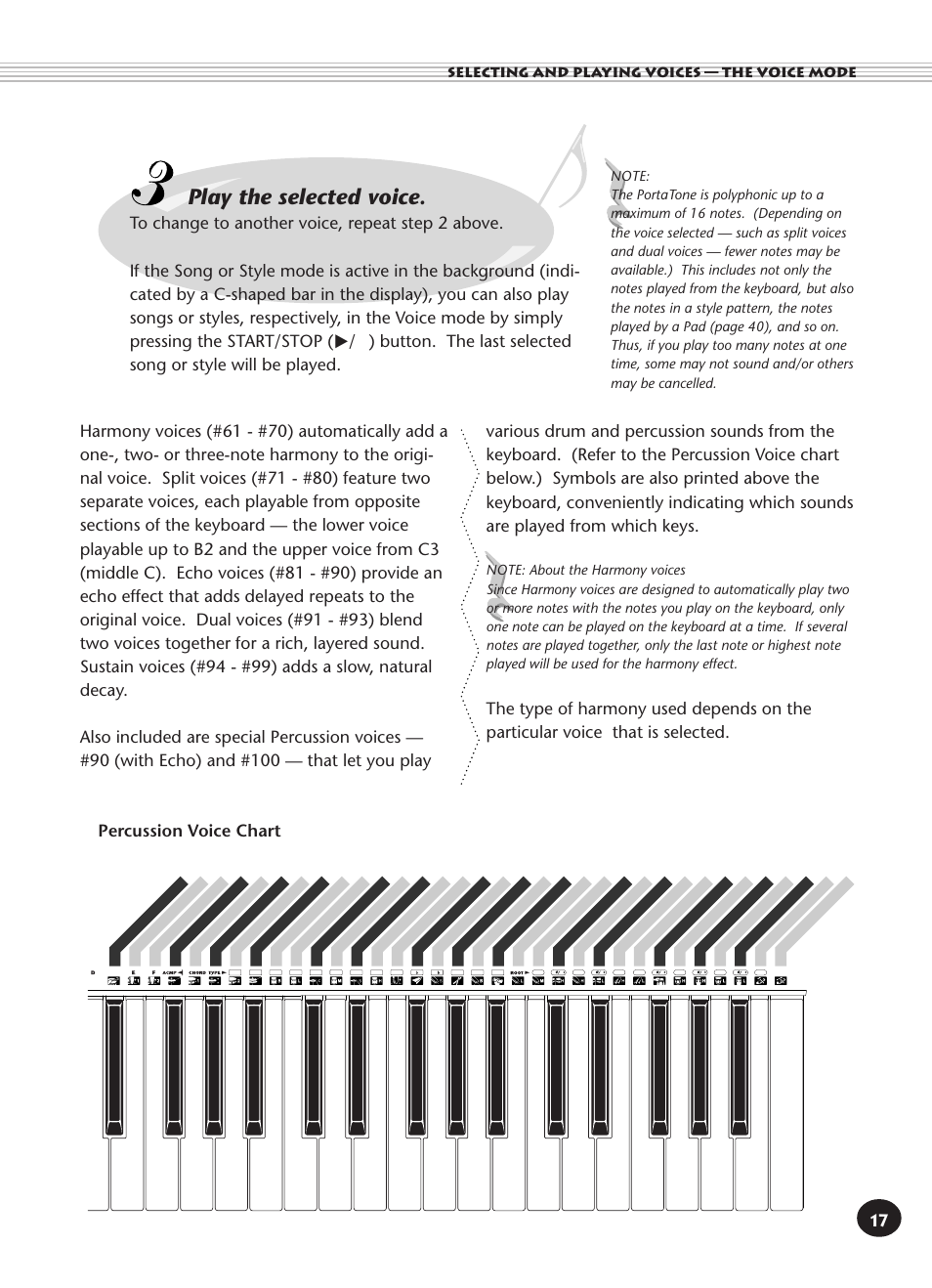 Percussion voice chart (voices 90 and 100), Percussion voice chart, Voices 90 and 100) | Play the selected voice, Selecting and playing voices — the voice mode | Yamaha PORTATONE PSR-140 User Manual | Page 17 / 52