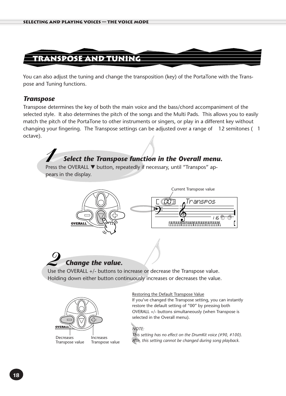 Transpose and tuning, Transpose, Select the transpose function in the overall menu | Change the value, Transpos | Yamaha PORTATONE PSR-140 User Manual | Page 18 / 52