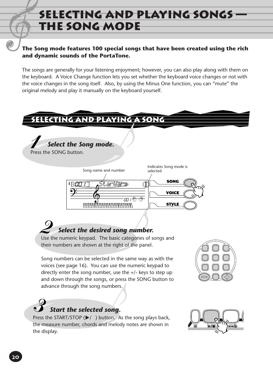 Selecting and playing songs - the song mode, Selecting and playing a song, Selecting and playing songs — the song mode | Select the song mode, Select the desired song number, Start the selected song, Starwars | Yamaha PORTATONE PSR-140 User Manual | Page 20 / 52