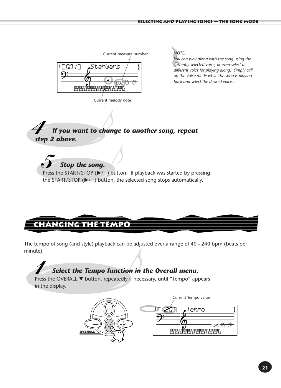 Changing the tempo, Starwars, Select the tempo function in the overall menu | Tempo | Yamaha PORTATONE PSR-140 User Manual | Page 21 / 52