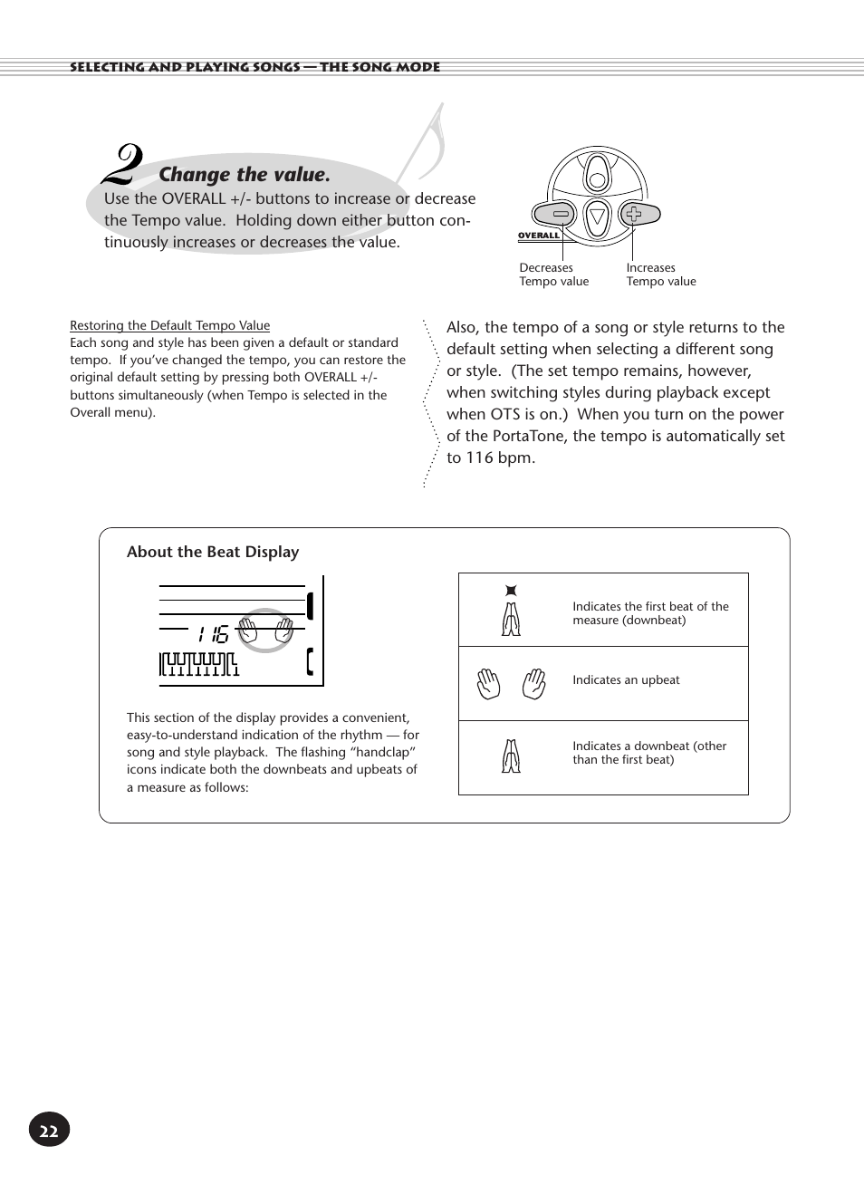 About the beat display, Change the value | Yamaha PORTATONE PSR-140 User Manual | Page 22 / 52