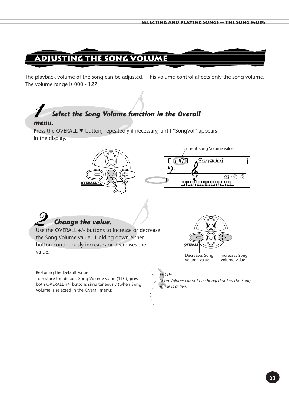 Adjusting the song volume, Change the value, Songvol | Yamaha PORTATONE PSR-140 User Manual | Page 23 / 52