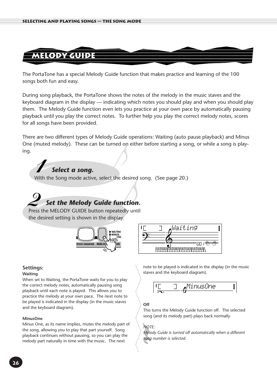 Melody guide, Select a song, Set the melody guide function | Waiting, Minusone | Yamaha PORTATONE PSR-140 User Manual | Page 26 / 52