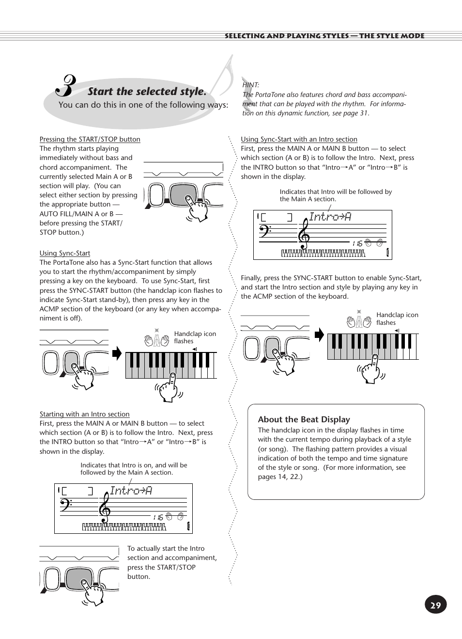 Start the selected style, Intro≥a, You can do this in one of the following ways | About the beat display | Yamaha PORTATONE PSR-140 User Manual | Page 29 / 52