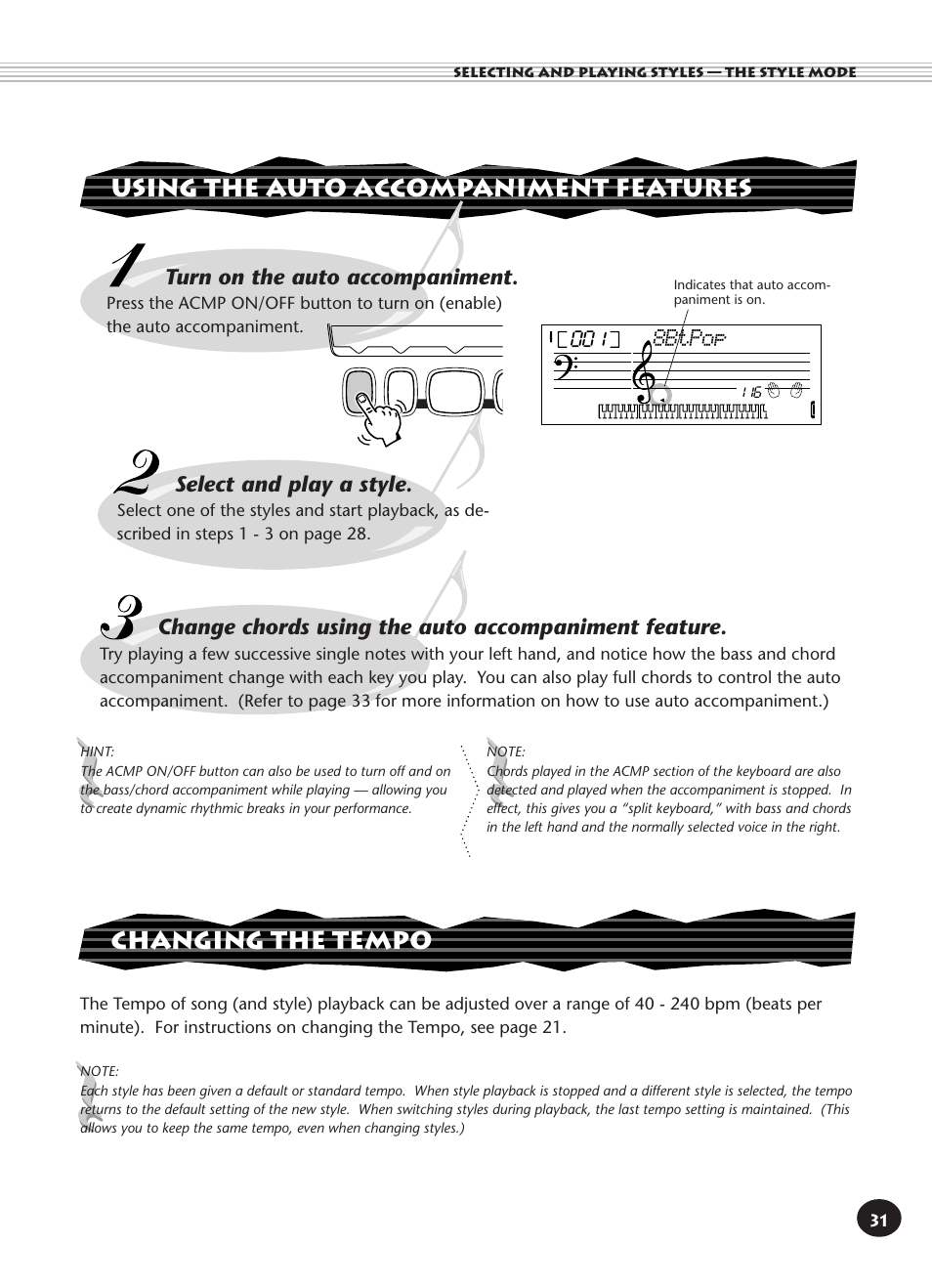 Using the auto accompaniment features, Changing the tempo, Turn on the auto accompaniment | Select and play a style, Change chords using the auto accompaniment feature, 8btpop | Yamaha PORTATONE PSR-140 User Manual | Page 31 / 52
