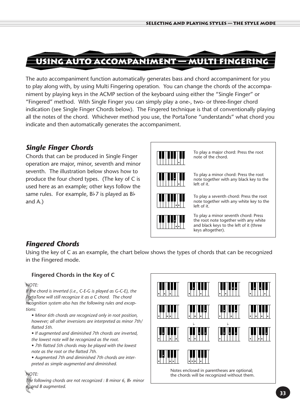 Using auto accompaniment - multi fingering, Single finger chords, Fingered chords | Using auto accompaniment, Multi fingering, Using auto accompaniment — multi fingering, Fingered chords in the key of c | Yamaha PORTATONE PSR-140 User Manual | Page 33 / 52