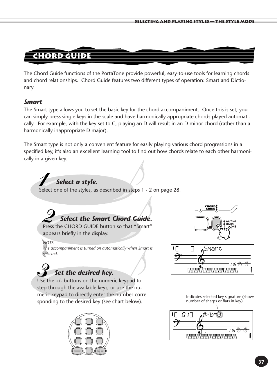 Chord guide, Smart, Select a style | Select the smart chord guide, Set the desired key | Yamaha PORTATONE PSR-140 User Manual | Page 37 / 52