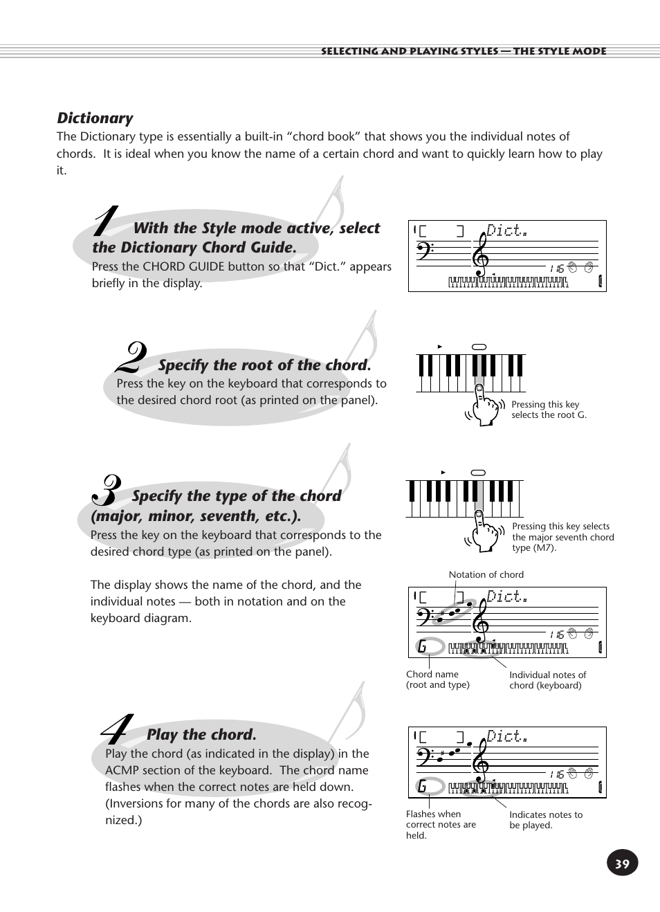 Dictionary, Specify the root of the chord, Play the chord | Dict | Yamaha PORTATONE PSR-140 User Manual | Page 39 / 52