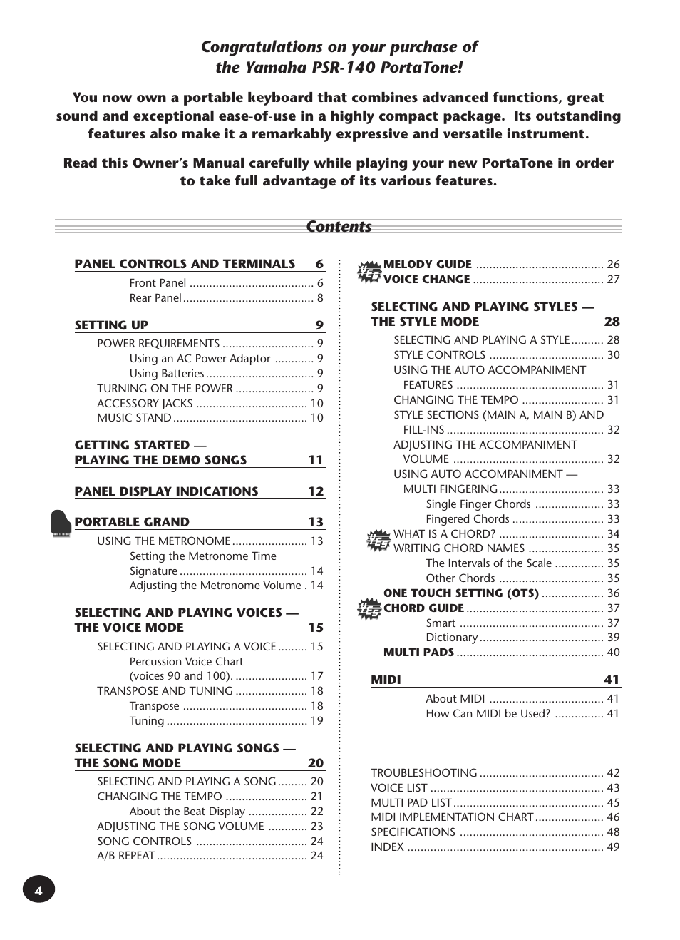 Yamaha PORTATONE PSR-140 User Manual | Page 4 / 52