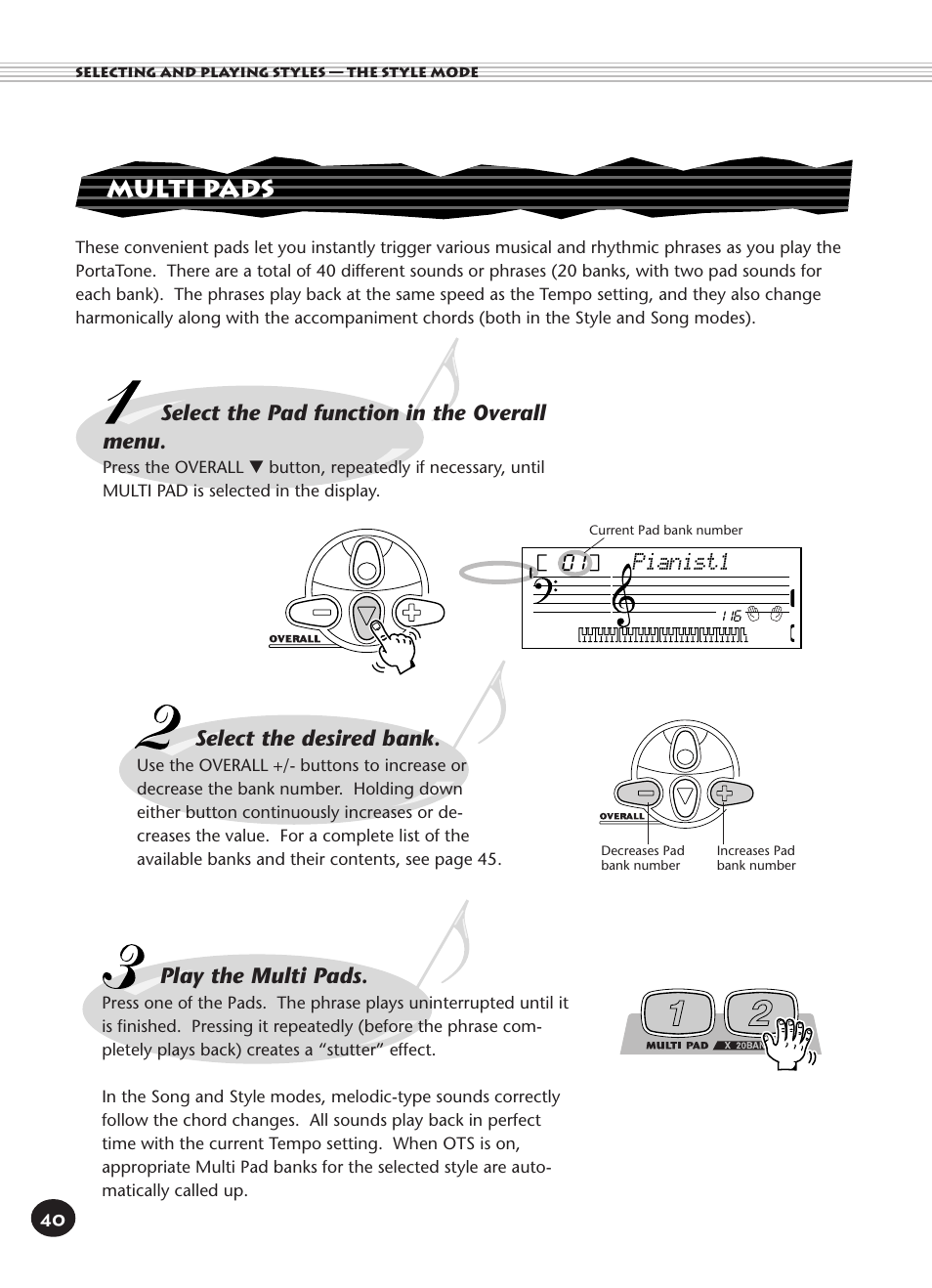 Multi pads, Select the pad function in the overall menu, Select the desired bank | Play the multi pads, Pianist1 | Yamaha PORTATONE PSR-140 User Manual | Page 40 / 52