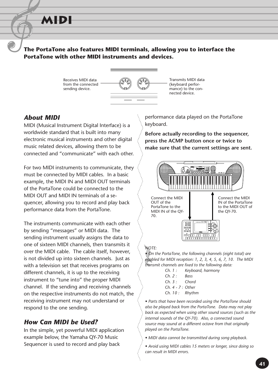 Midi, About midi, How can midi be used | Yamaha PORTATONE PSR-140 User Manual | Page 41 / 52