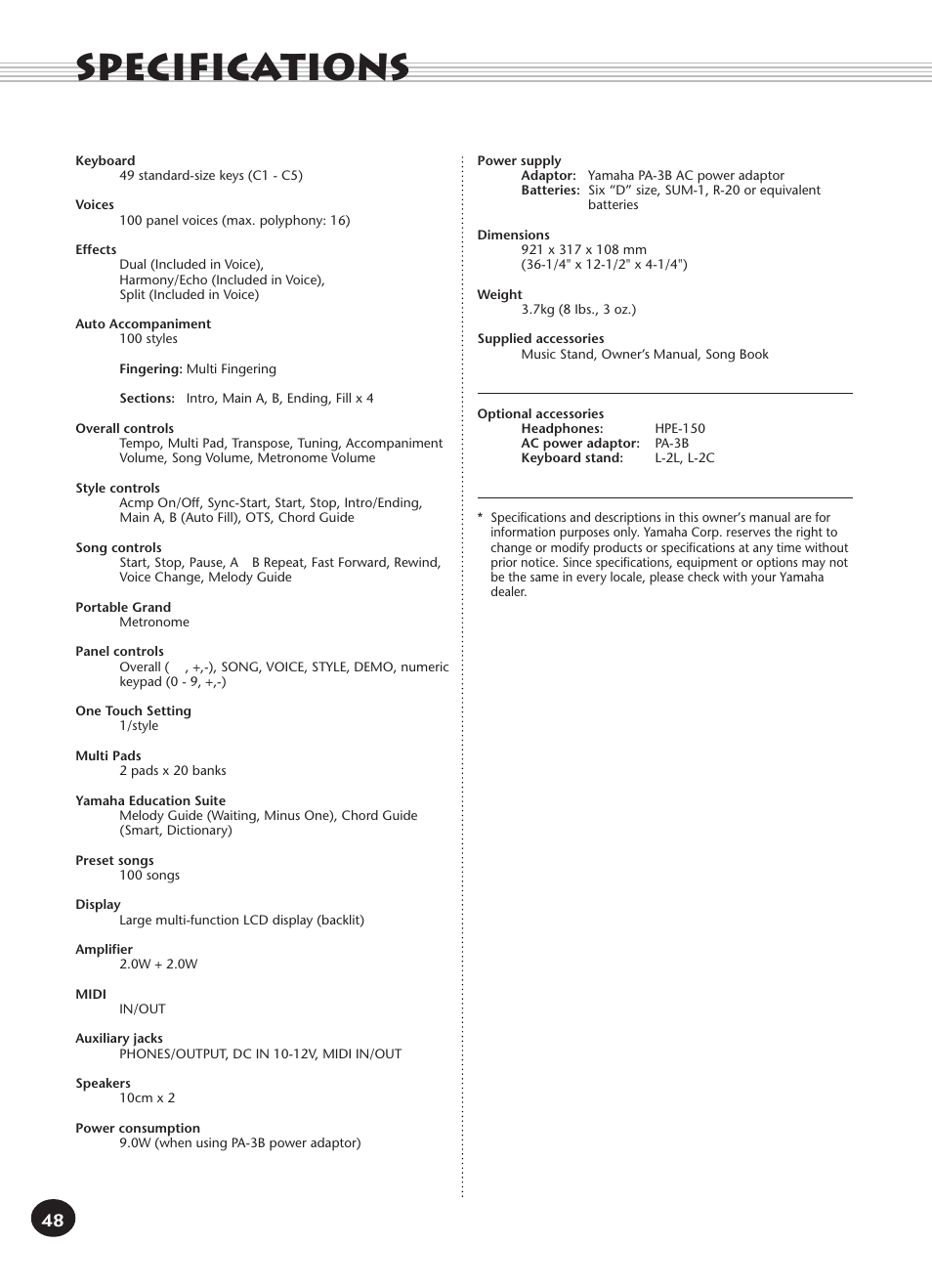 Specifications | Yamaha PORTATONE PSR-140 User Manual | Page 48 / 52