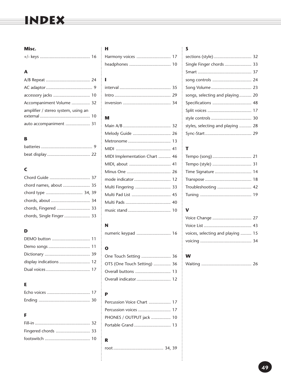 Index | Yamaha PORTATONE PSR-140 User Manual | Page 49 / 52