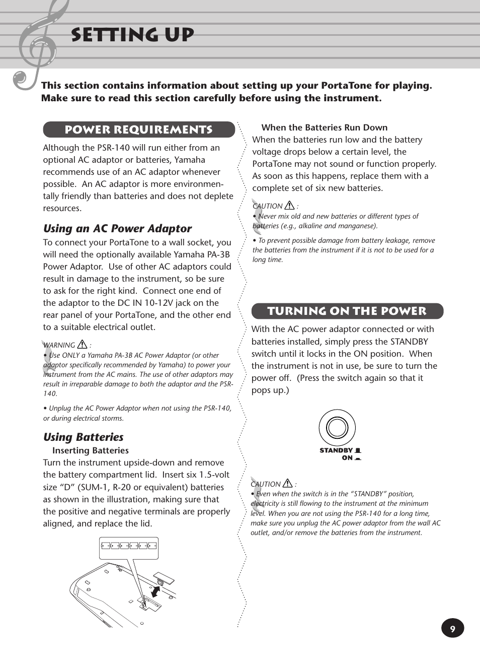 Setting up, Power requirements, Using an ac power adaptor | Using batteries, Turning on the power | Yamaha PORTATONE PSR-140 User Manual | Page 9 / 52