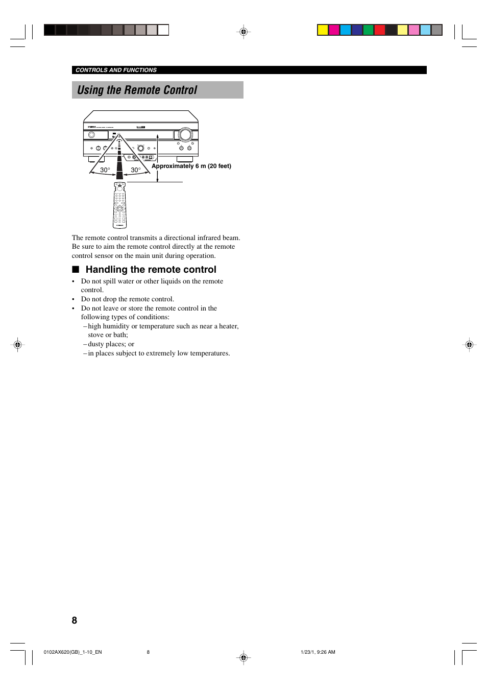 Using the remote control, Handling the remote control | Yamaha DSP-AX620  EN User Manual | Page 10 / 73