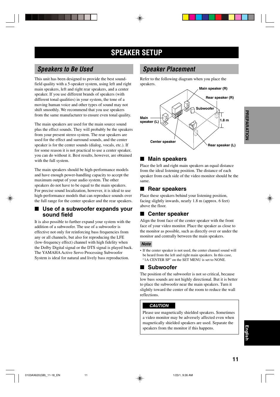Speaker setup, Speakers to be used, Speaker placement | Use of a subwoofer expands your sound field, Main speakers, Rear speakers, Center speaker, Subwoofer | Yamaha DSP-AX620  EN User Manual | Page 13 / 73