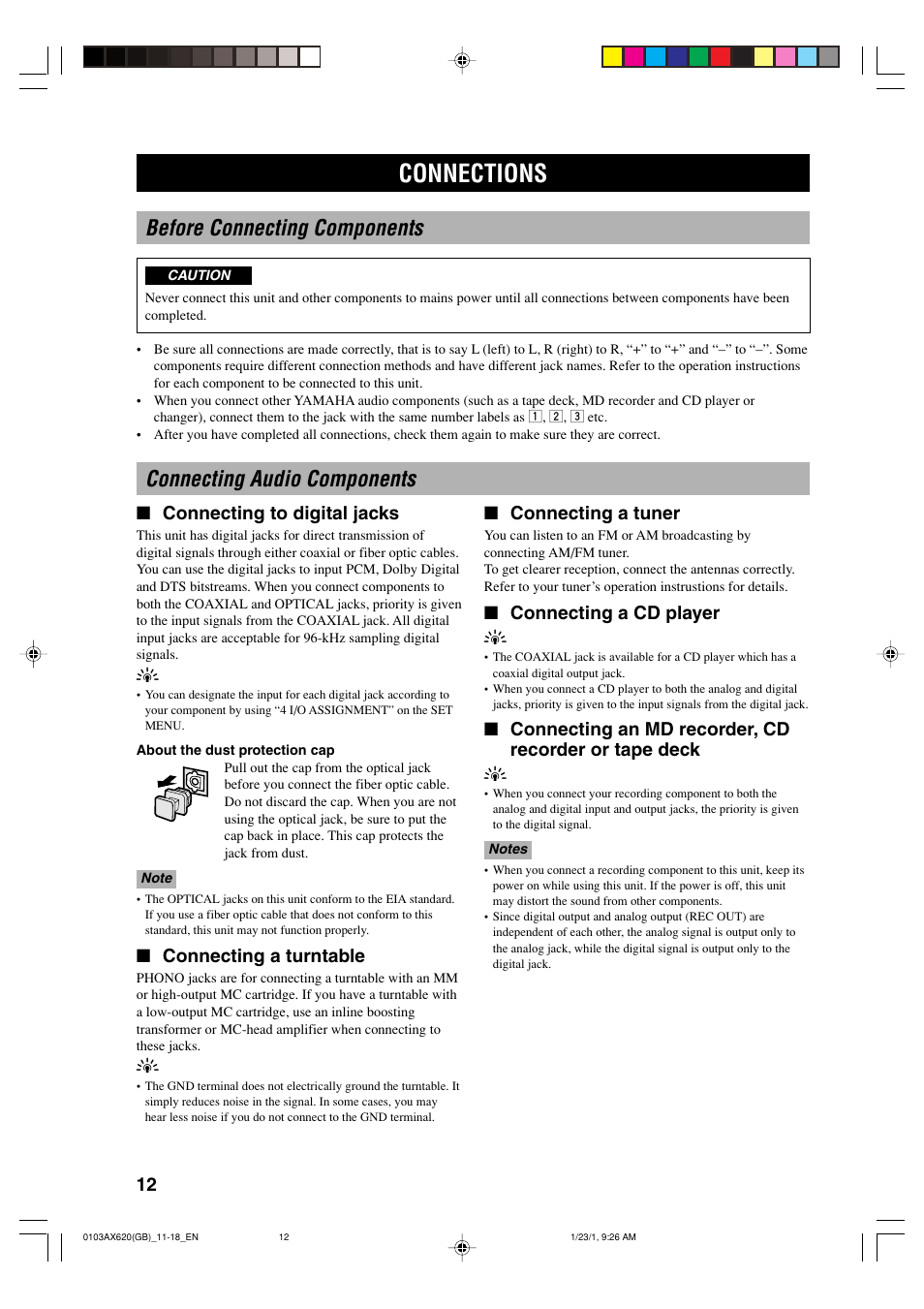 Connections, Before connecting components, Connecting audio components | Connecting to digital jacks, Connecting a turntable, Connecting a tuner, Connecting a cd player y | Yamaha DSP-AX620  EN User Manual | Page 14 / 73