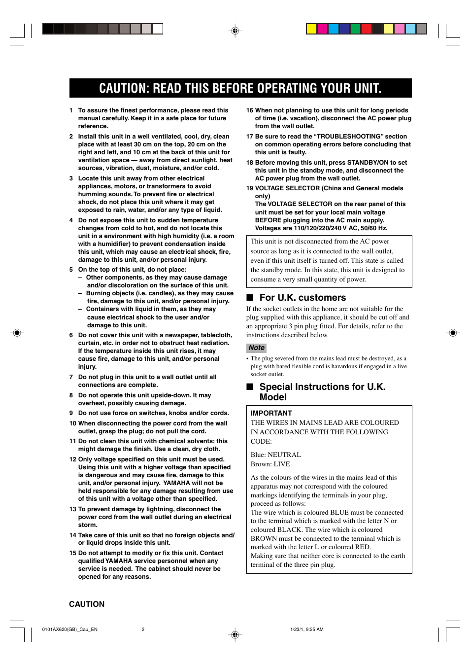 English, Caution: read this before operating your unit, For u.k. customers | Special instructions for u.k. model | Yamaha DSP-AX620  EN User Manual | Page 2 / 73