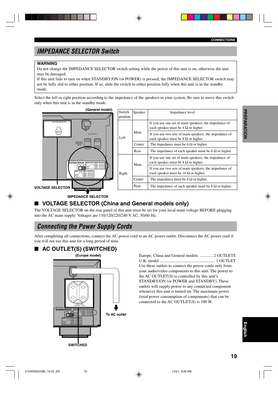 Impedance selector switch, Connecting the power supply cords, Ac outlet(s) (switched) | Voltage selector (china and general models only) | Yamaha DSP-AX620  EN User Manual | Page 21 / 73