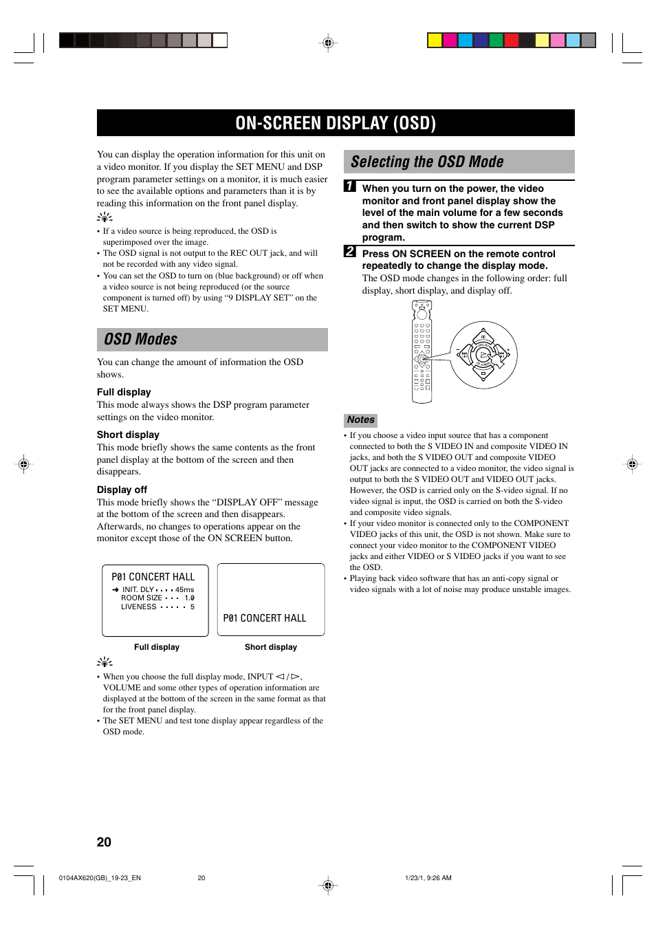 On-screen display (osd), Osd modes, Selecting the osd mode | Selecting the osd mode 1 | Yamaha DSP-AX620  EN User Manual | Page 22 / 73