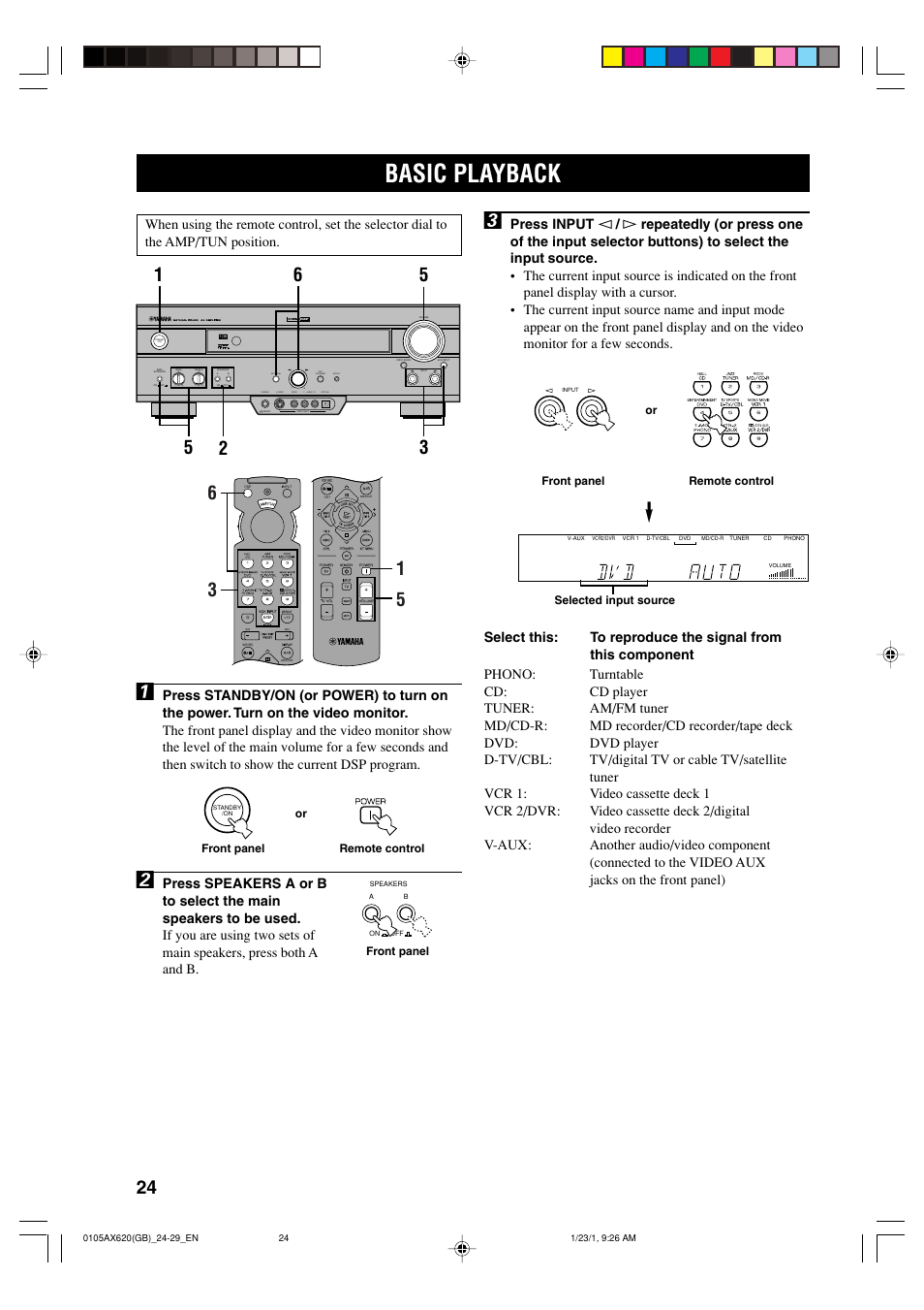 Basic playback, Phones s video video l audio r optical, Effect set menu dsp program | Yamaha DSP-AX620  EN User Manual | Page 26 / 73