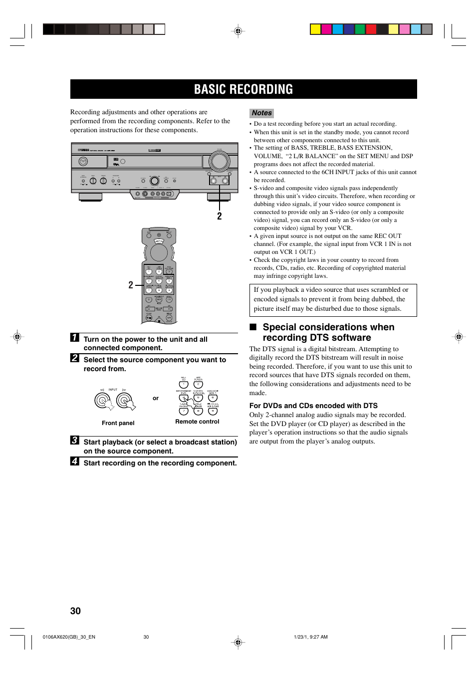 Basic recording, Special considerations when recording dts software, Phones s video video l audio r optical | Effect set menu dsp program | Yamaha DSP-AX620  EN User Manual | Page 32 / 73