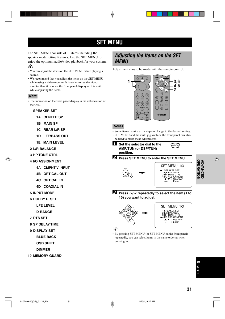 Set menu, Adjusting the items on the set menu | Yamaha DSP-AX620  EN User Manual | Page 33 / 73