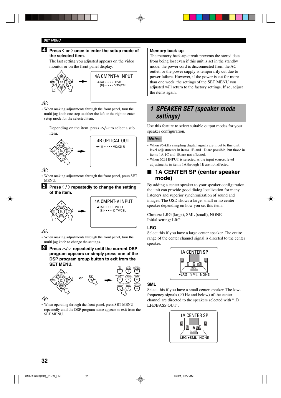 1 speaker set (speaker mode settings), 1a center sp (center speaker mode) | Yamaha DSP-AX620  EN User Manual | Page 34 / 73