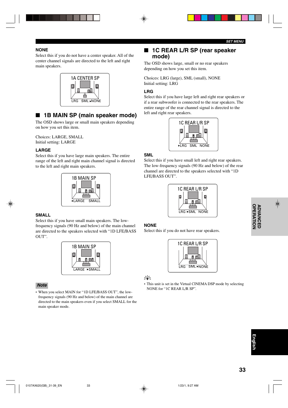1c rear l/r sp (rear speaker mode), 1b main sp (main speaker mode) | Yamaha DSP-AX620  EN User Manual | Page 35 / 73
