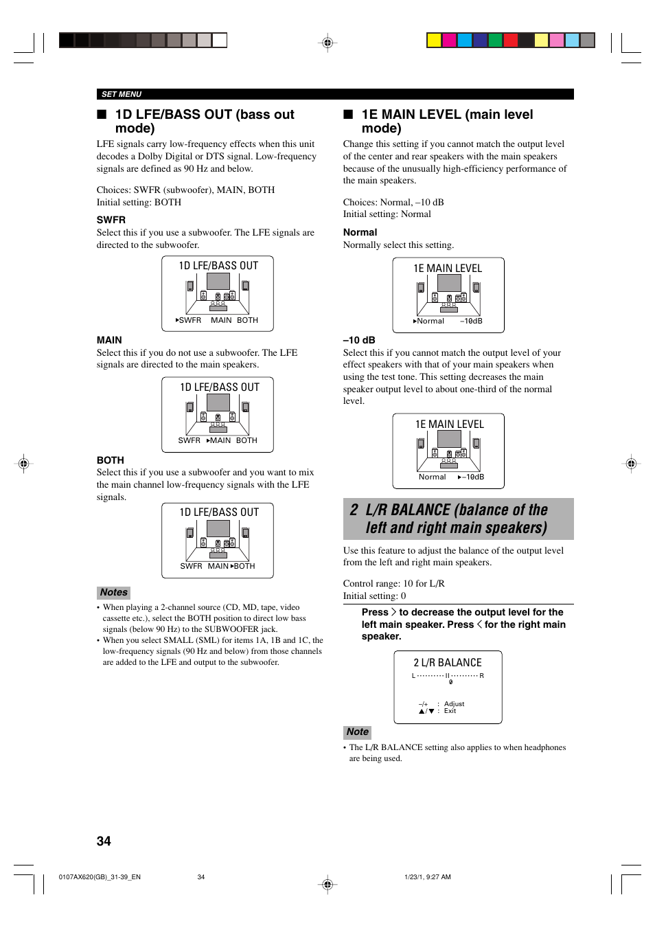 1d lfe/bass out (bass out mode), 1e main level (main level mode) | Yamaha DSP-AX620  EN User Manual | Page 36 / 73