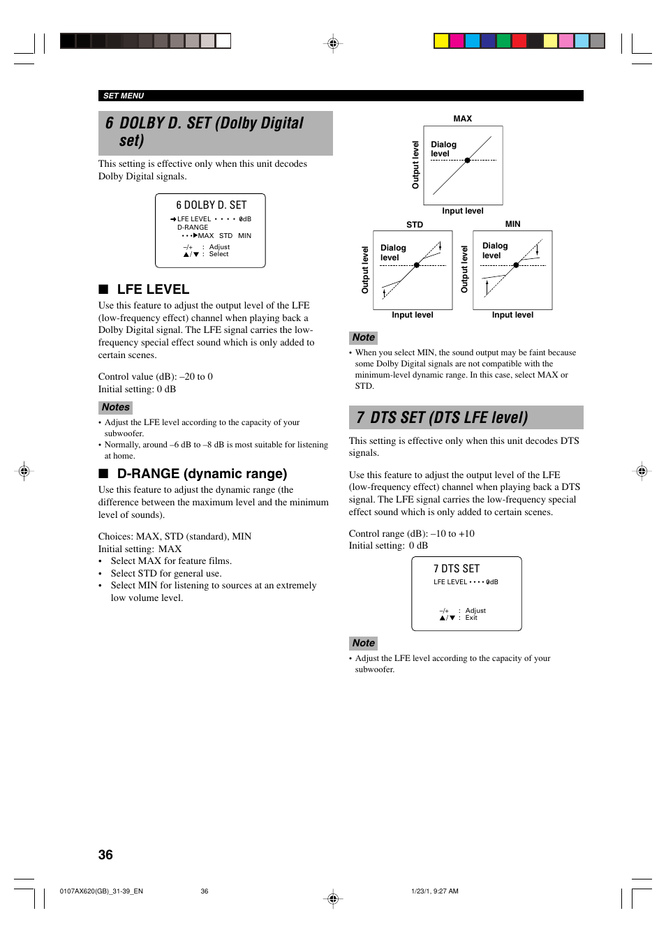 6 dolby d. set (dolby digital set), 7 dts set (dts lfe level), Lfe level | D-range (dynamic range), 7 dts set, 6 dolby d. set | Yamaha DSP-AX620  EN User Manual | Page 38 / 73