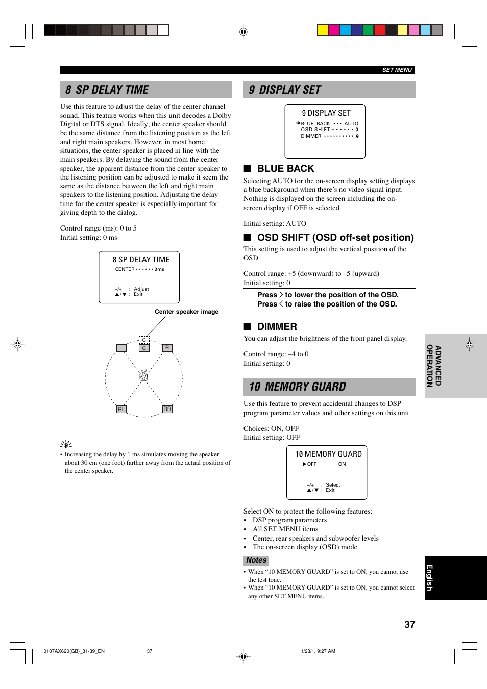 8 sp delay time, 9 display set, 10 memory guard | Blue back, Osd shift (osd off-set position), Dimmer | Yamaha DSP-AX620  EN User Manual | Page 39 / 73
