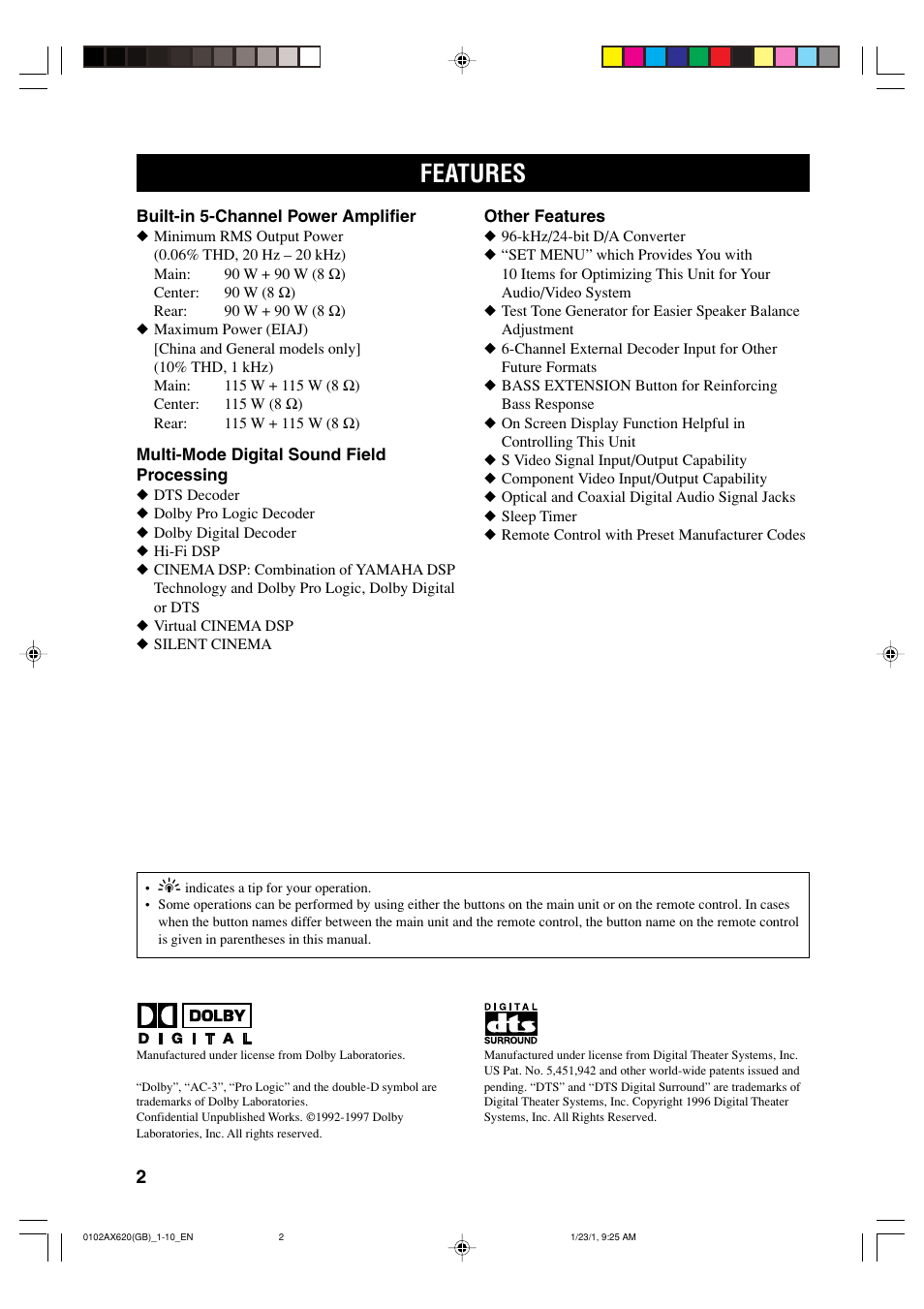 Features | Yamaha DSP-AX620  EN User Manual | Page 4 / 73