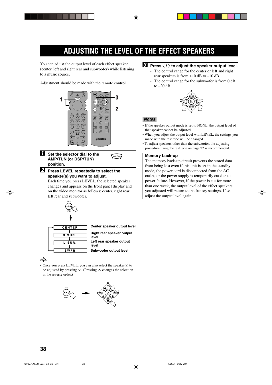 Adjusting the level of the effect speakers | Yamaha DSP-AX620  EN User Manual | Page 40 / 73